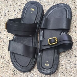 Zara Black Leather Sandals with Gold Accent